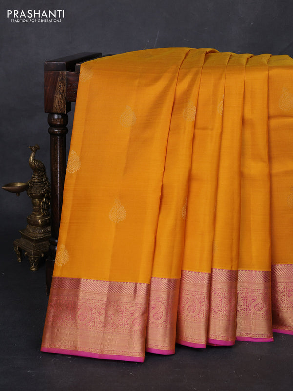 Mustard Yellow & Pink Pure Kanchipuram Silk - Buttas