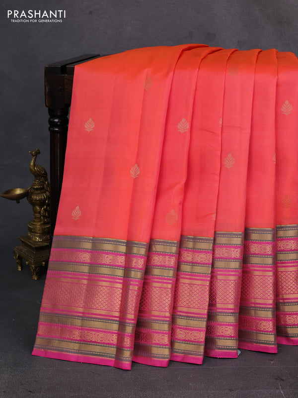 Peach Orange & Pink Pure Kanchipuram Silk - Buttas