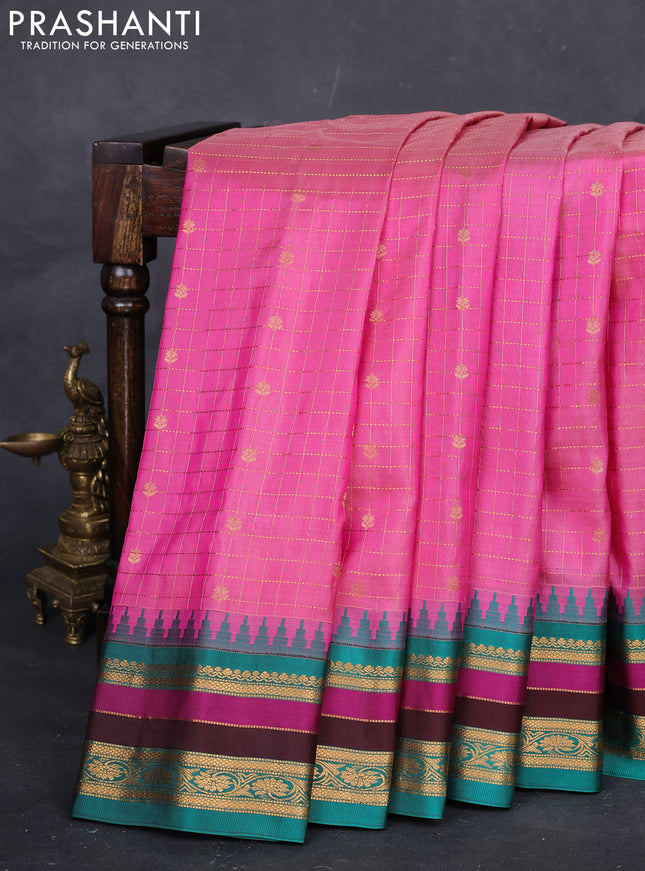Pink & Peacock Green Gadwal Silk Saree