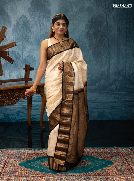 Beige & Black Gadwal Silk - Checks