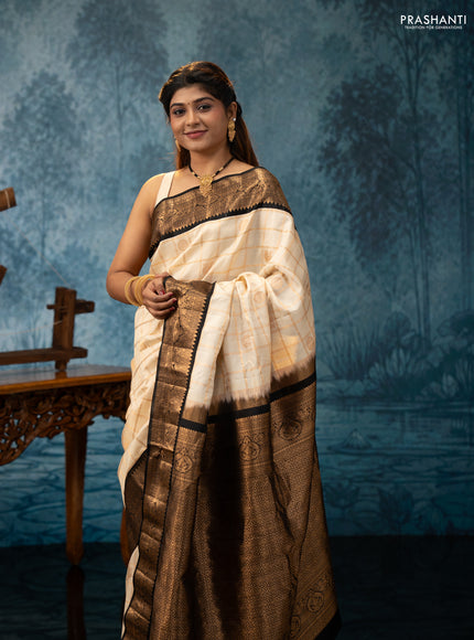 Beige & Black Gadwal Silk - Checks