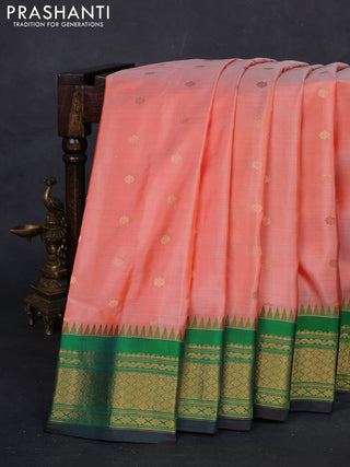 Peach Orange & Green Gadwal Silk  - Buttas