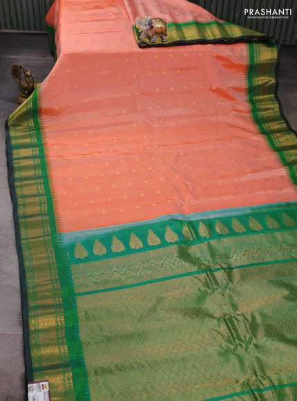 Peach Orange & Green Gadwal Silk  - Buttas