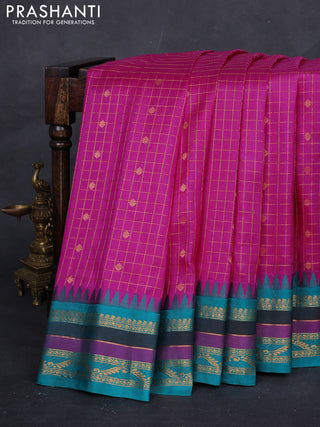 Pink & Peacock Green Gadwal Silk -Checks