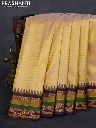 Pale Yellow & Coffee Brown Gadwal Silk -Checks