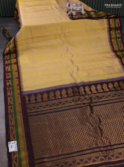 Pale Yellow & Coffee Brown Gadwal Silk -Checks