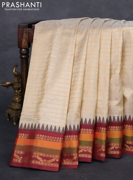 Beige & Maroon Gadwal Silk - Checks