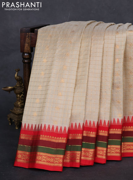 Beige & Red Gadwal Silk - Checks
