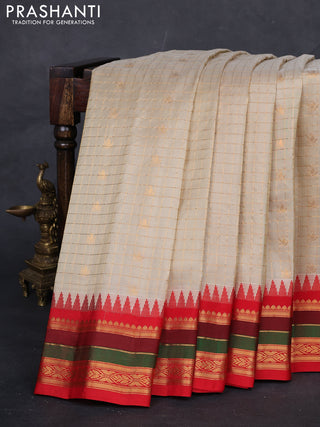 Beige & Red Gadwal Silk - Checks