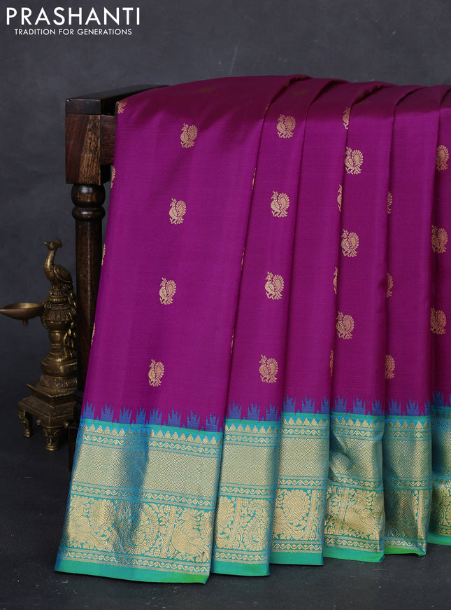 Magenta Pink & Teal Blue Gadwal Silk - Buttas
