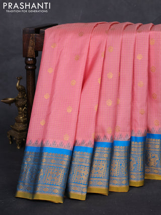 Mauve Pink & Teal Blue Gadwal Silk - Checks