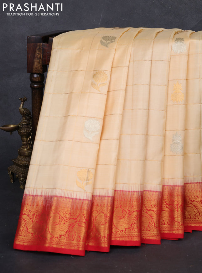 Pale Yellow & Red Gadwal Silk - Checks