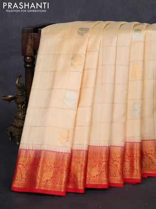 Pale Yellow & Red Gadwal Silk - Checks