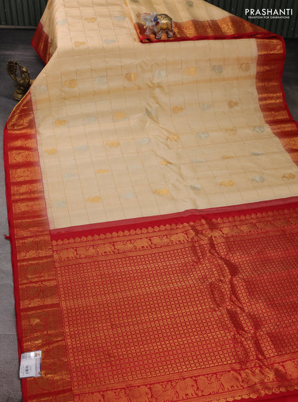 Pale Yellow & Red Gadwal Silk - Checks