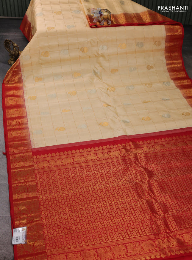 Pale Yellow & Red Gadwal Silk - Checks