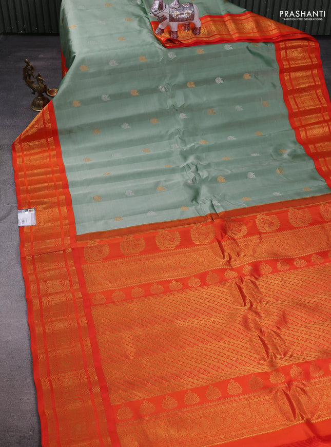 Pastel Green & Orange Gadwal Silk - Buttas