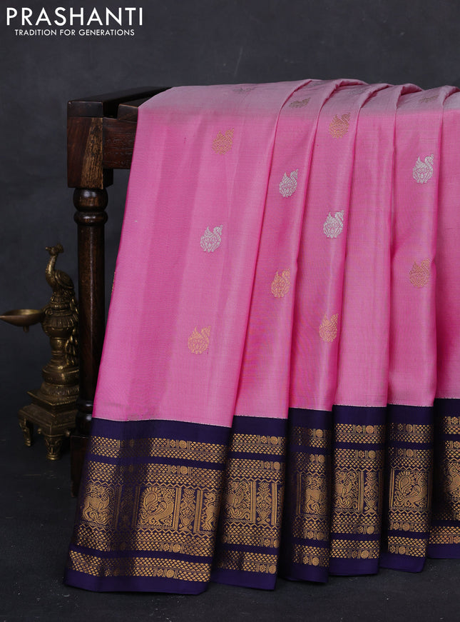 Pink & Navy Blue Gadwal Silk - Buttas
