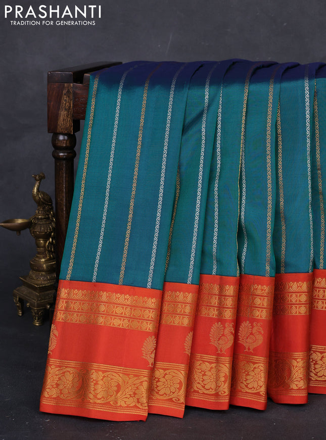 Teal Green & Orange Gadwal Silk Saree