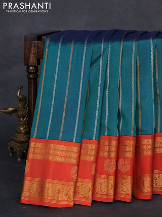 Teal Green & Orange Gadwal Silk Saree