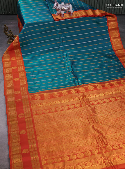 Teal Green & Orange Gadwal Silk Saree