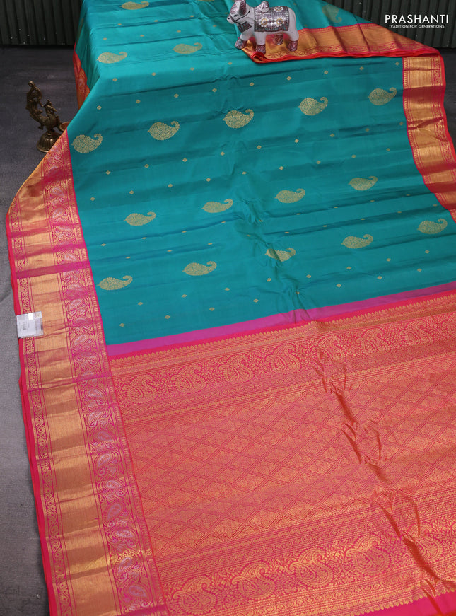 Teal Green & Pink Gadwal Silk -Buttas