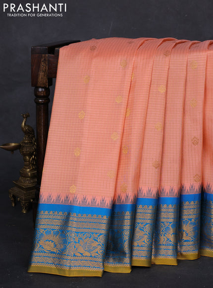 Peach  & Cs Blue Gadwal Silk - Checks