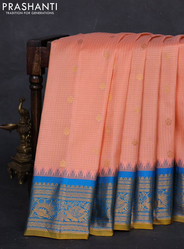 Peach  & Cs Blue Gadwal Silk - Checks