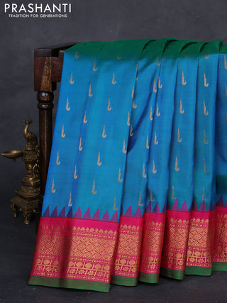 Blue & Pink Gadwal Silk -Muniya Buttas