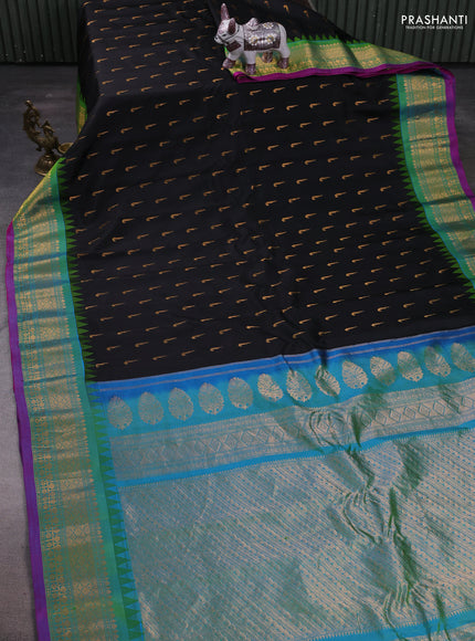 Black & Blue Gadwal Silk - Muniya Butta