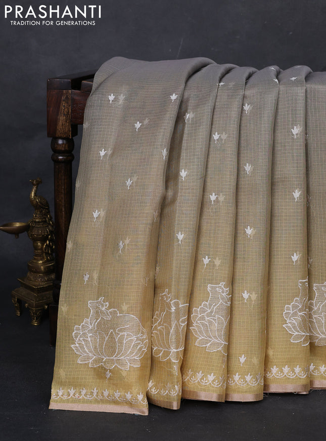 Grey Ombre Kota Embroidery Saree - Printed Blouse