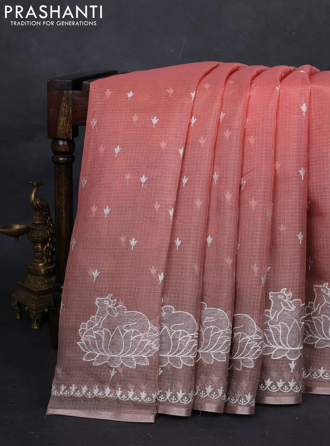 Peach Orange & Grey Ombre Kota Embroidery Saree - Printed Blouse