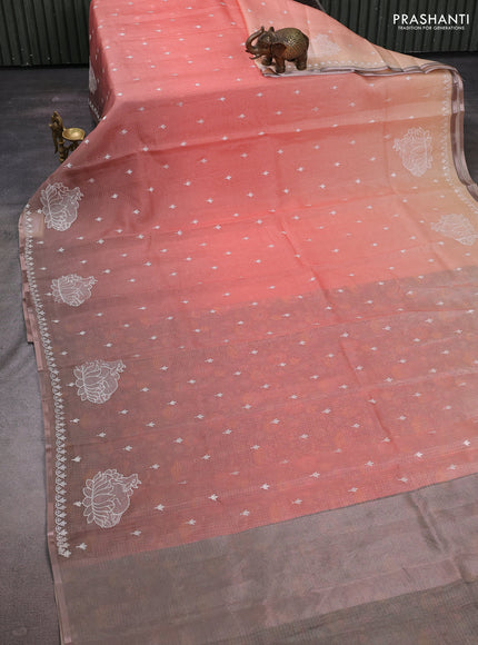 Peach Orange & Grey Ombre Kota Embroidery Saree - Printed Blouse