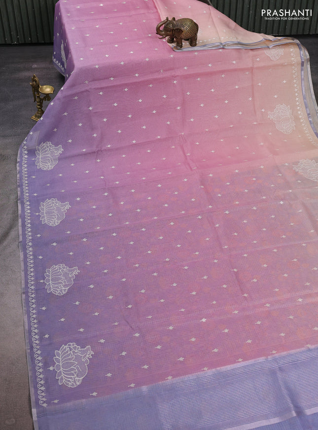Baby Pink & Lavender Ombre Kota Embroidery Saree - Printed Blouse