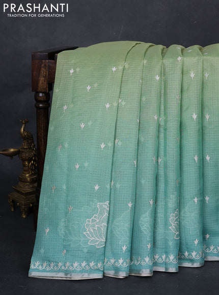 Pista Green & Teal Ombre Kota Embroidery Saree - Printed Blouse