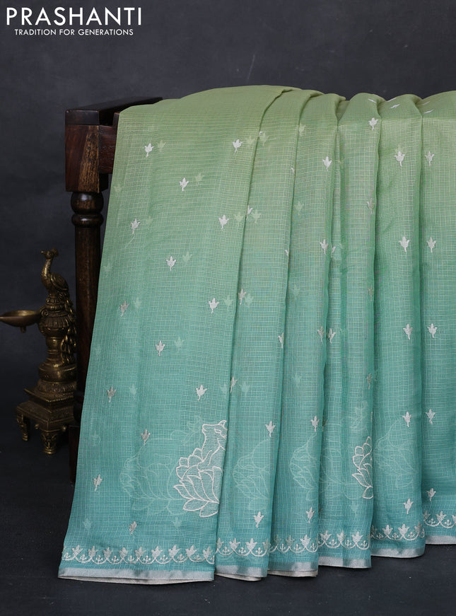 Pista Green & Teal Ombre Kota Embroidery Saree - Printed Blouse