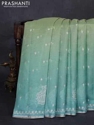 Pista Green & Teal Ombre Kota Embroidery Saree - Printed Blouse
