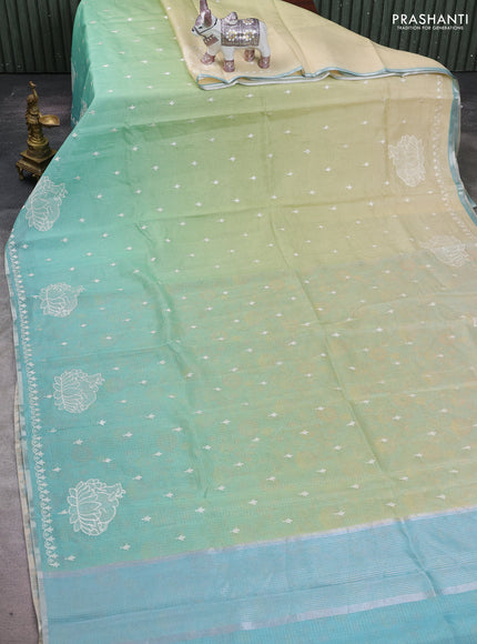 Pista Green & Teal Ombre Kota Embroidery Saree - Printed Blouse