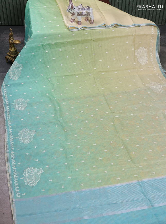 Pista Green & Teal Ombre Kota Embroidery Saree - Printed Blouse
