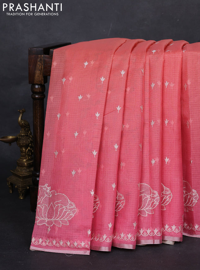 Peach Orange & Pink Ombre Kota Embroidery Saree - Printed Blouse