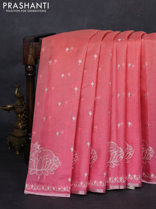 Peach Orange & Pink Ombre Kota Embroidery Saree - Printed Blouse