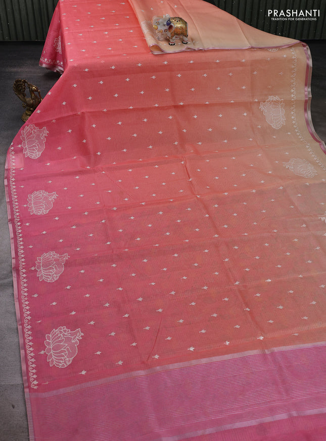 Peach Orange & Pink Ombre Kota Embroidery Saree - Printed Blouse