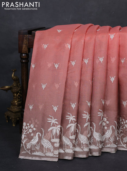 Peach Orange & Grey Ombre Kota Embroidery Saree - Printed Blouse