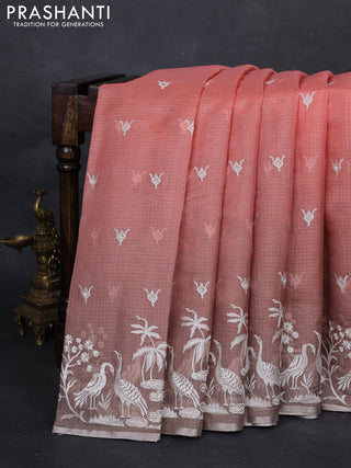 Peach Orange & Grey Ombre Kota Embroidery Saree - Printed Blouse