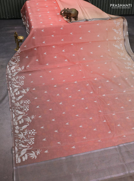 Peach Orange & Grey Ombre Kota Embroidery Saree - Printed Blouse