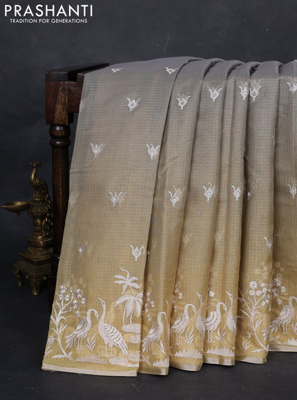 Grey Ombre Kota Embroidery Saree - Printed Blouse