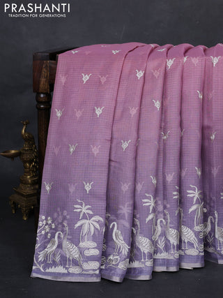 Baby Pink & Lavender Ombre Kota Embroidery Saree - Printed Blouse