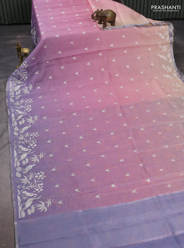 Baby Pink & Lavender Ombre Kota Embroidery Saree - Printed Blouse
