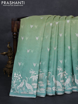 Pista Green & Teal Ombre Kota Embroidery Saree - Printed Blouse
