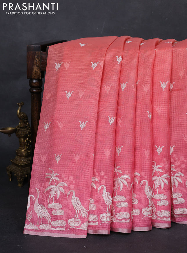 Peach Orange & Pink Ombre Kota Embroidery Saree - Printed Blouse