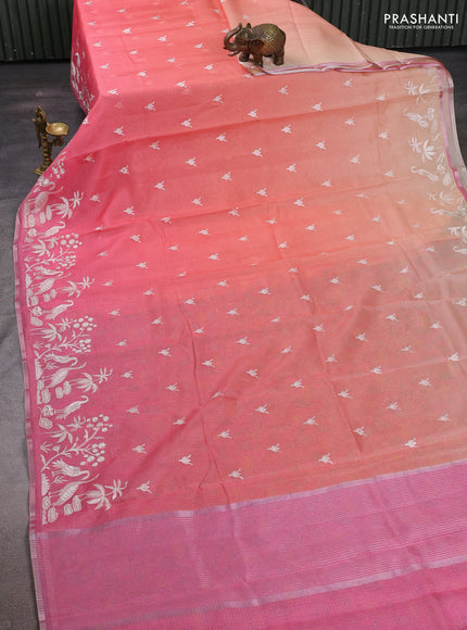 Peach Orange & Pink Ombre Kota Embroidery Saree - Printed Blouse